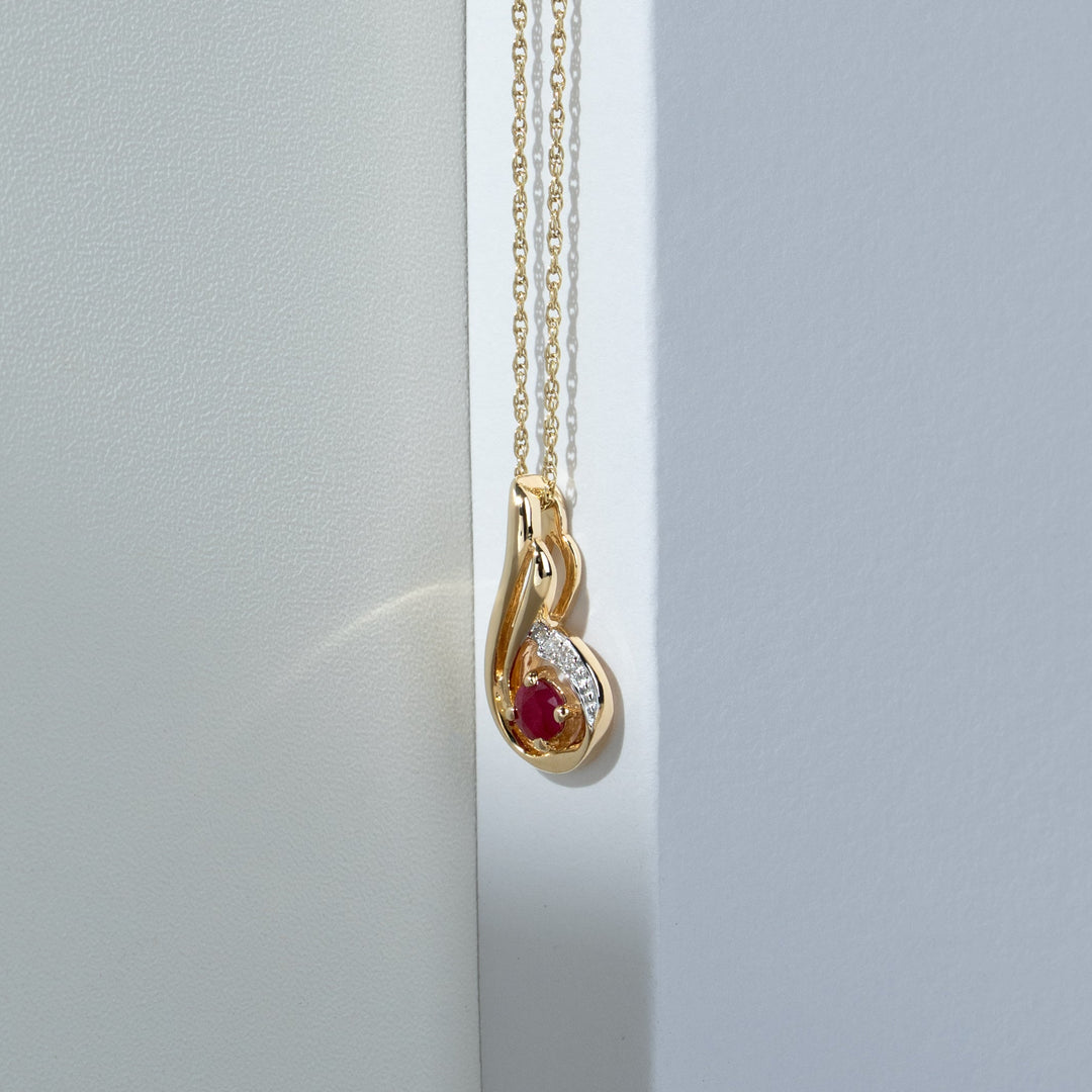 Classic Round Ruby & Diamond Spiral Drop Pendant in 9ct Yellow Gold