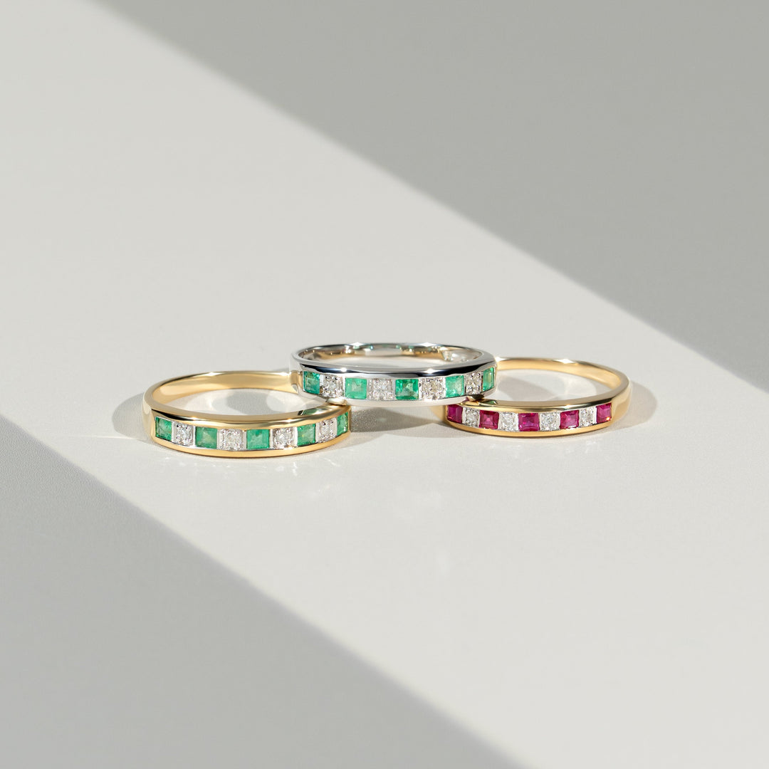 Classic Square Ruby & Diamond Half Eternity Ring in 9ct Yellow Gold 