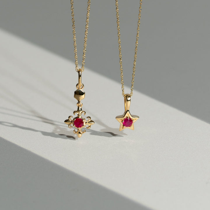 ECFEW™ Ruby Fleur De Lis Pendant Necklace In 9ct Yellow Gold