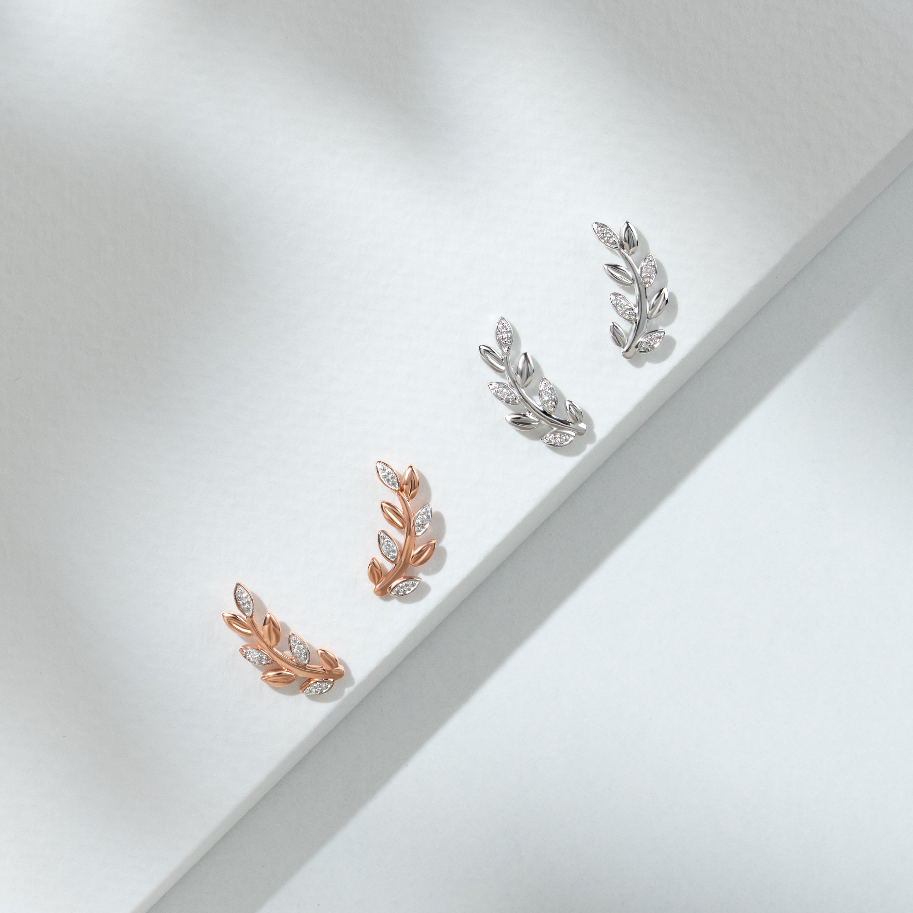 O Leaf Diamond Pave Stud Earrings in 9ct White Gold