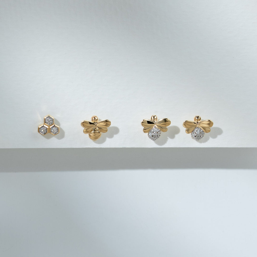 Honeycomb Inspired Mismatched Diamond Bee Earrings in 9ct Yellow Gold