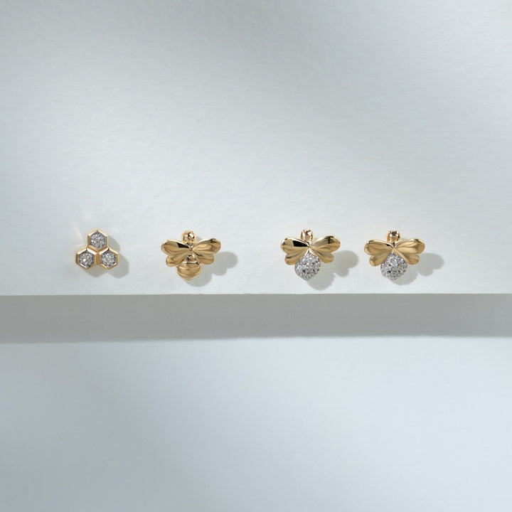 Honeycomb Inspired Mismatched Diamond Bee Earrings in 9ct Yellow Gold
