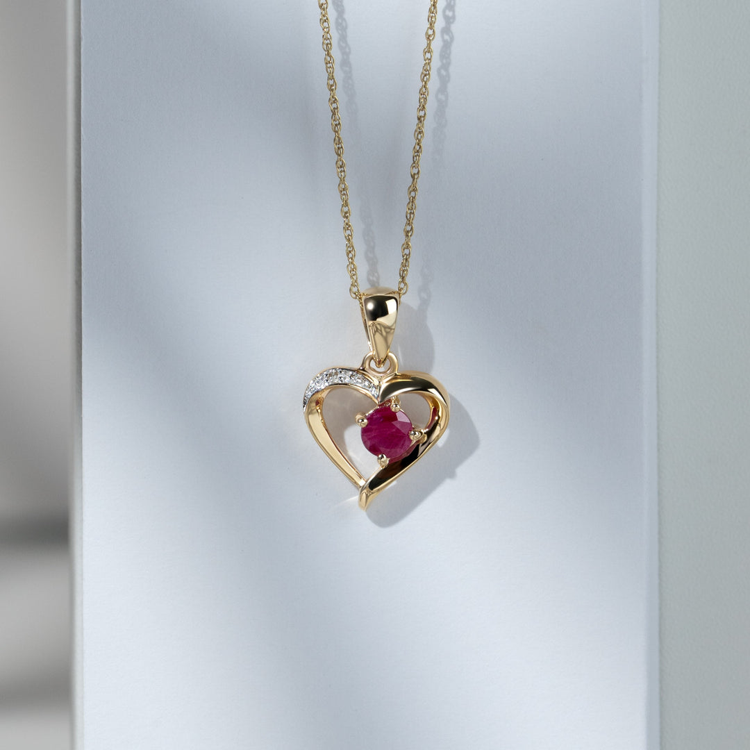Classic Round Ruby & Diamond Heart Pendant in 9ct Yellow Gold
