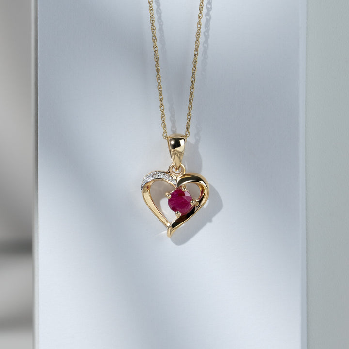 Classic Round Ruby & Diamond Heart Pendant in 9ct Yellow Gold