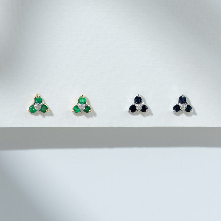 Floral Round Emerald & Diamond Cluster Stud Earrings in 9ct Yellow Gold