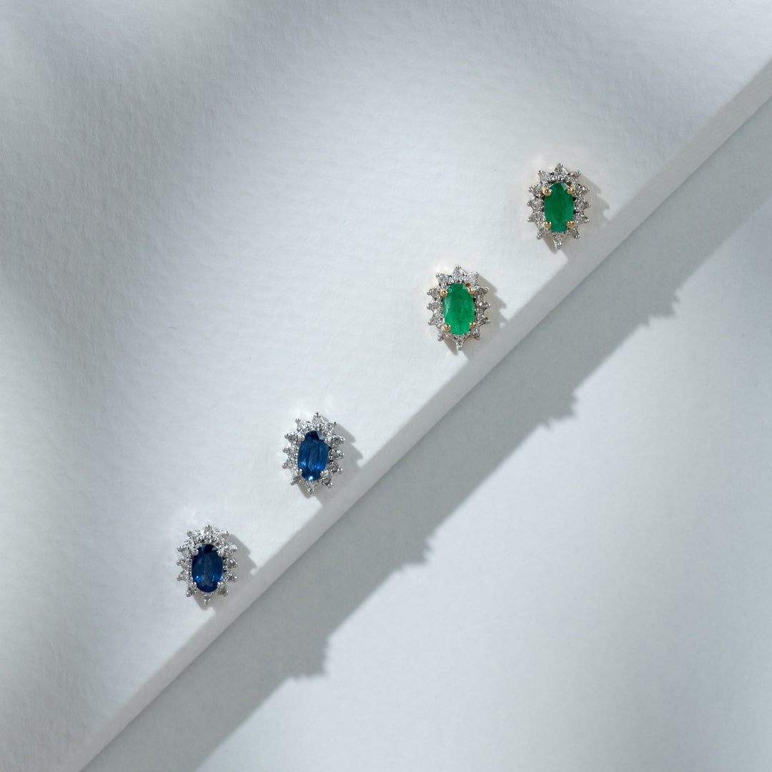 Classic Oval Emerald & Diamond Cluster Stud Earrings in 9ct Yellow Gold