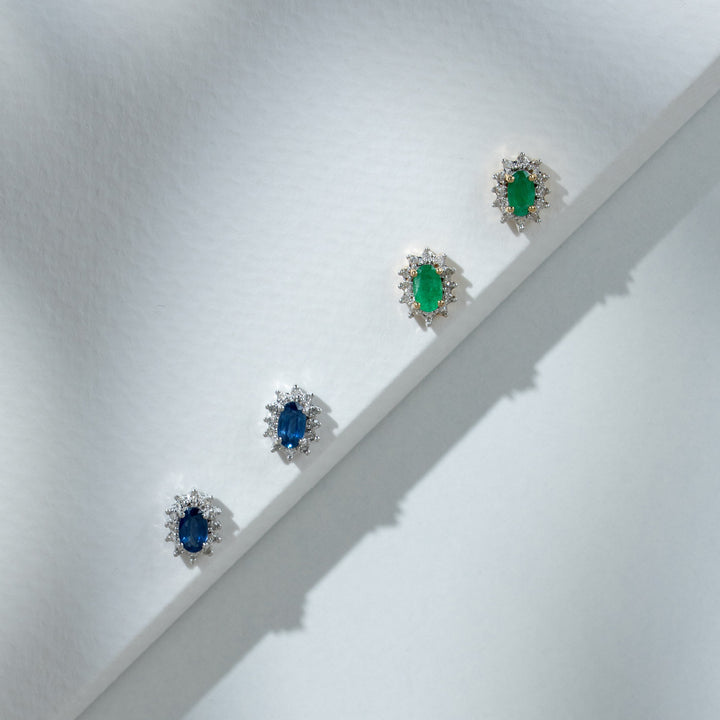 Classic Oval Emerald & Diamond Cluster Stud Earrings in 9ct Yellow Gold