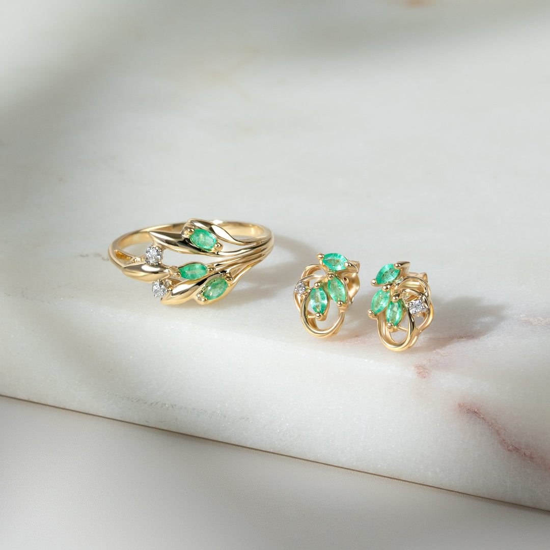 Floral Marquise Emerald & Diamond Ring in 9ct Yellow Gold