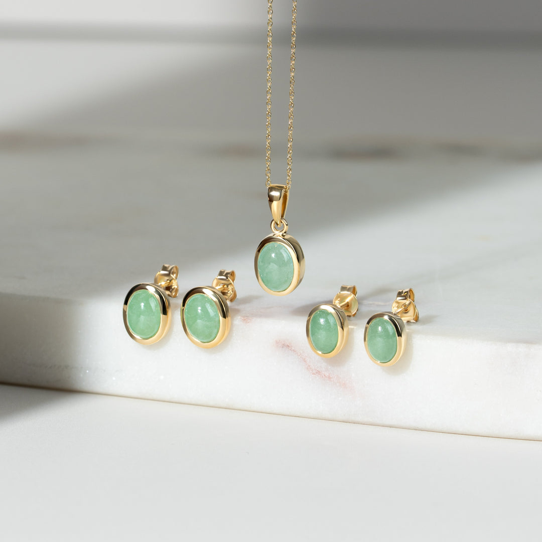 Classic Oval Jade Cabochon Stud Earrings in 9ct Yellow Gold 10x8mm