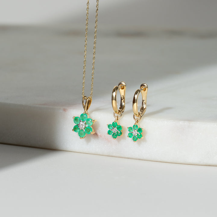 Floral Round Emerald & Diamond Omega Clip Hoop Earrings in 9ct Yellow Gold