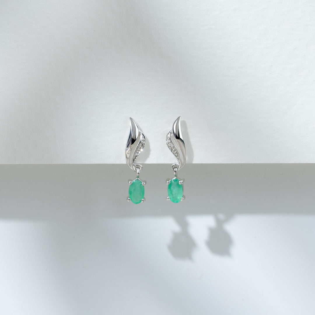 Classic Oval Emerald & Diamond Twist Drop Earrings in 9ct White Gold