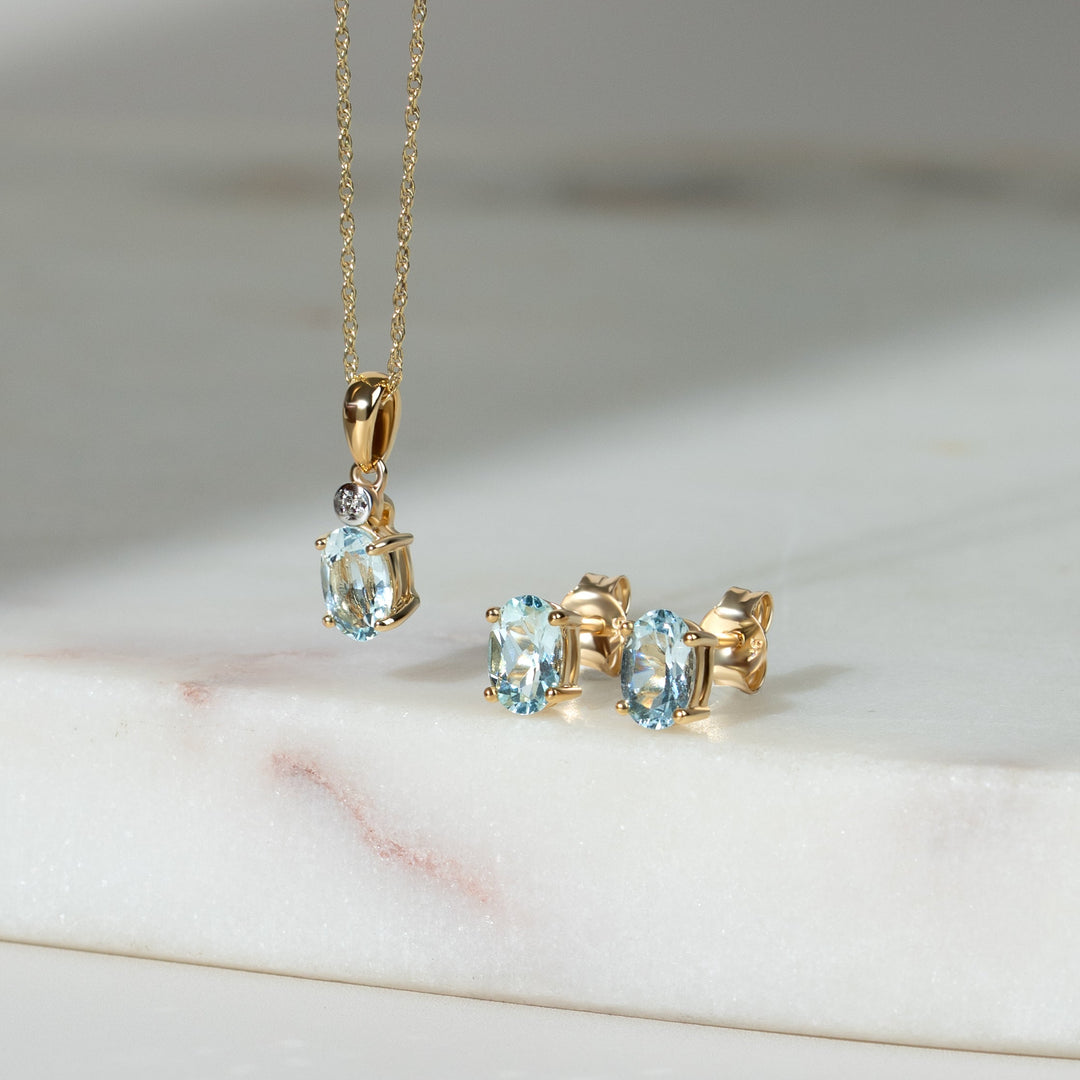 Classic Oval Aquamarine & Diamond Pendant in 9ct Yellow Gold