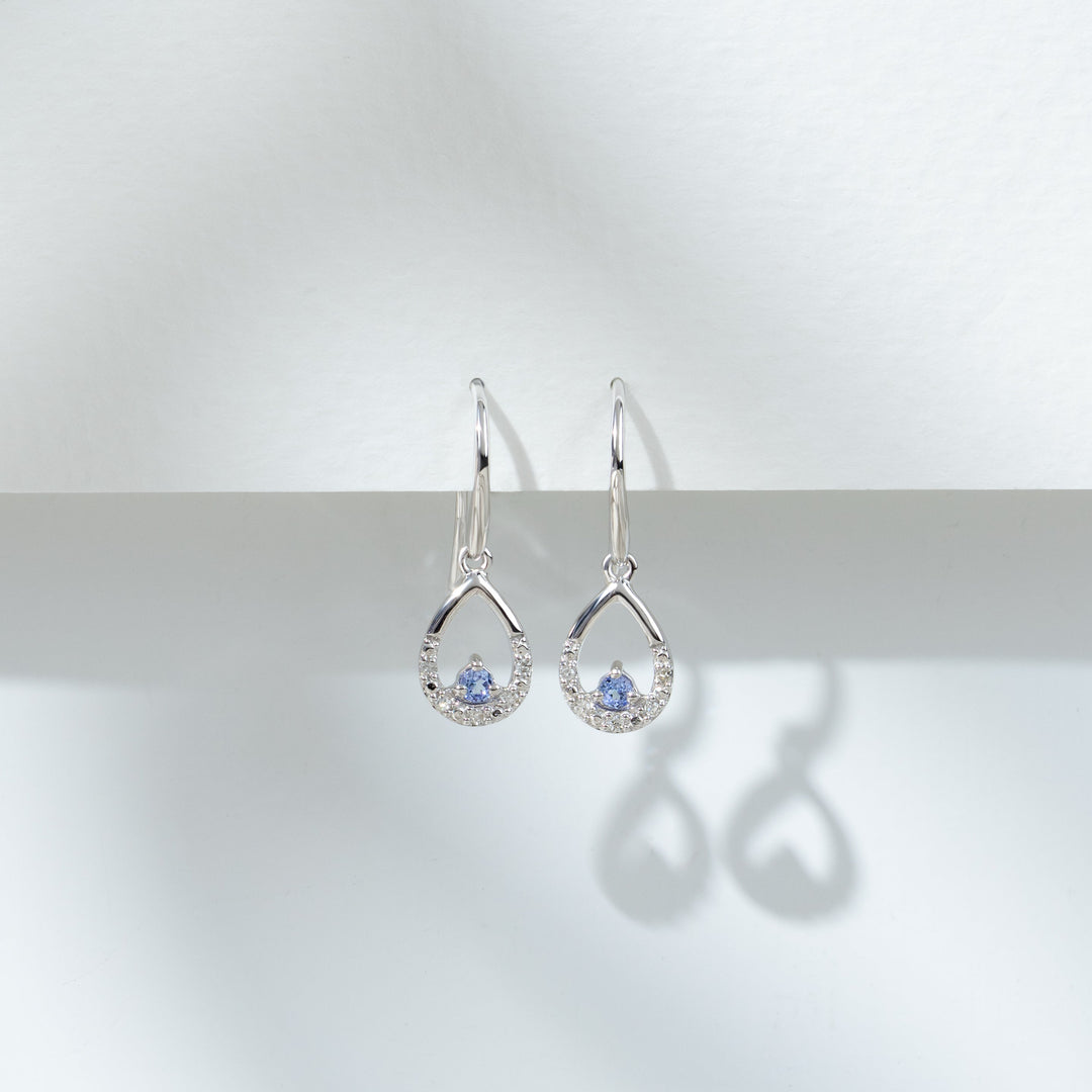 Classic Round Tanzanite & Diamond Tear Drop Earrings in 9ct White Gold