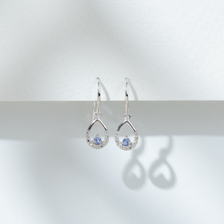 Classic Round Tanzanite & Diamond Tear Drop Earrings in 9ct White Gold