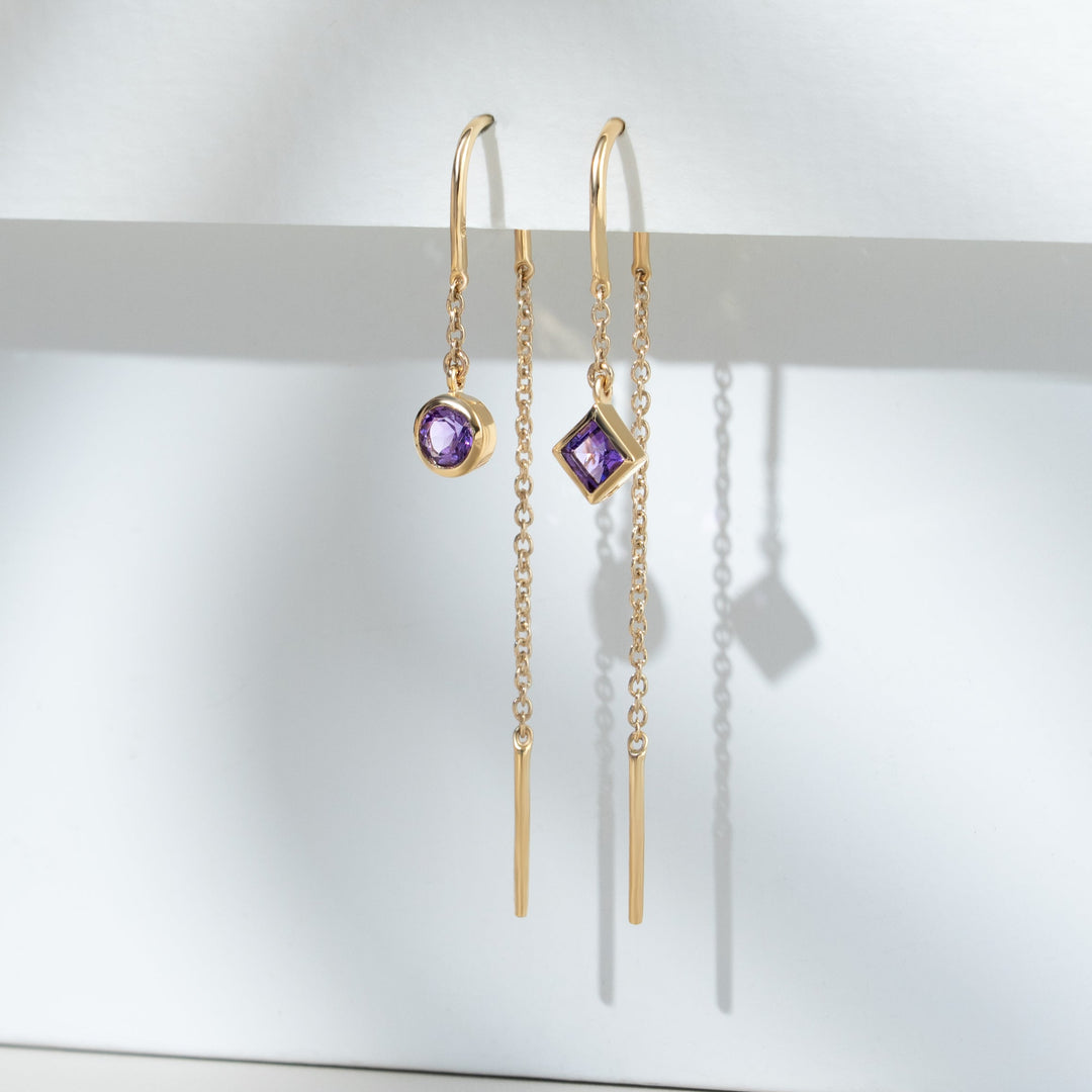 Micro Statement Amethyst Threader Earrings in 9ct Yellow Gold