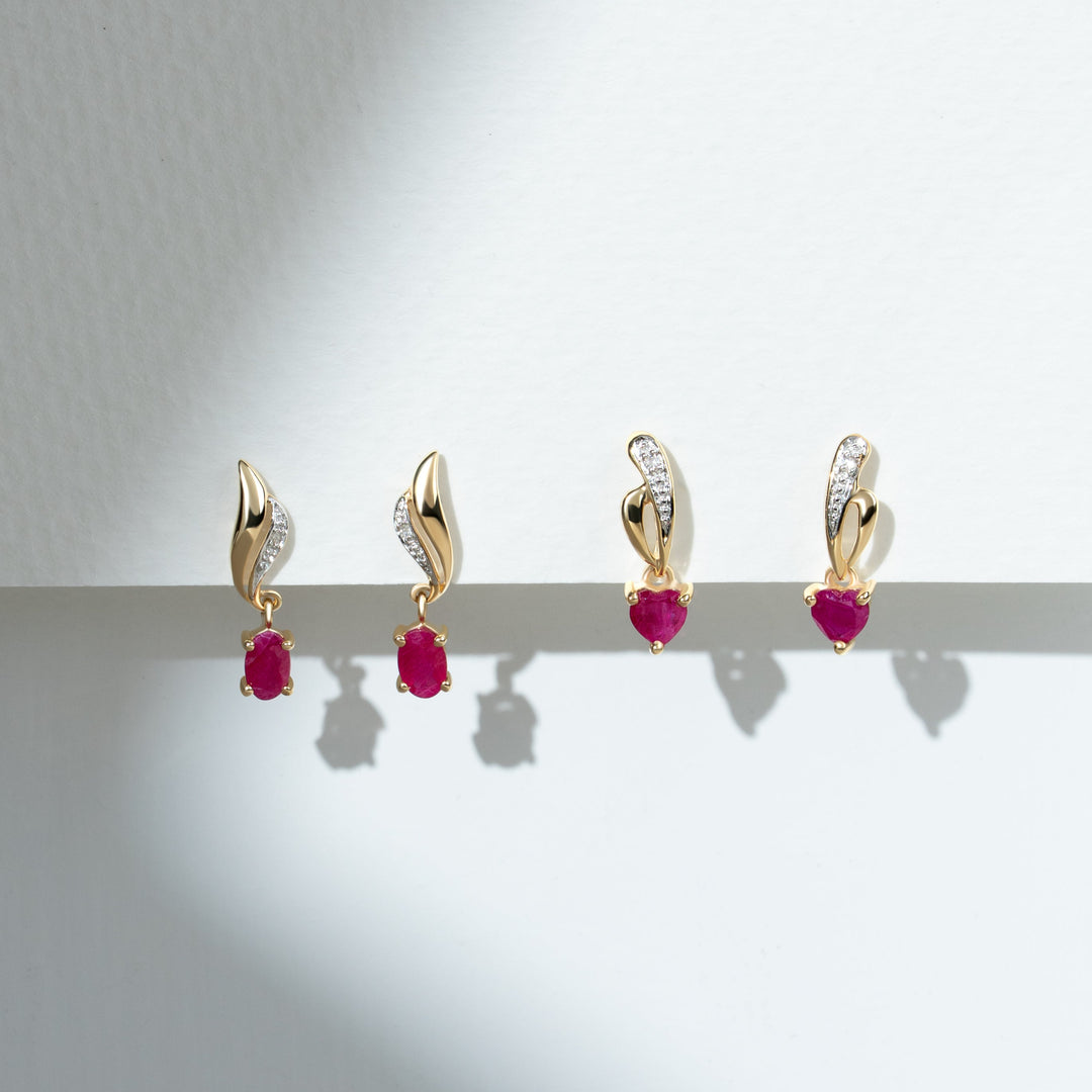 Classic Oval Ruby & Diamond Twist Drop Earrings in 9ct Yellow Gold