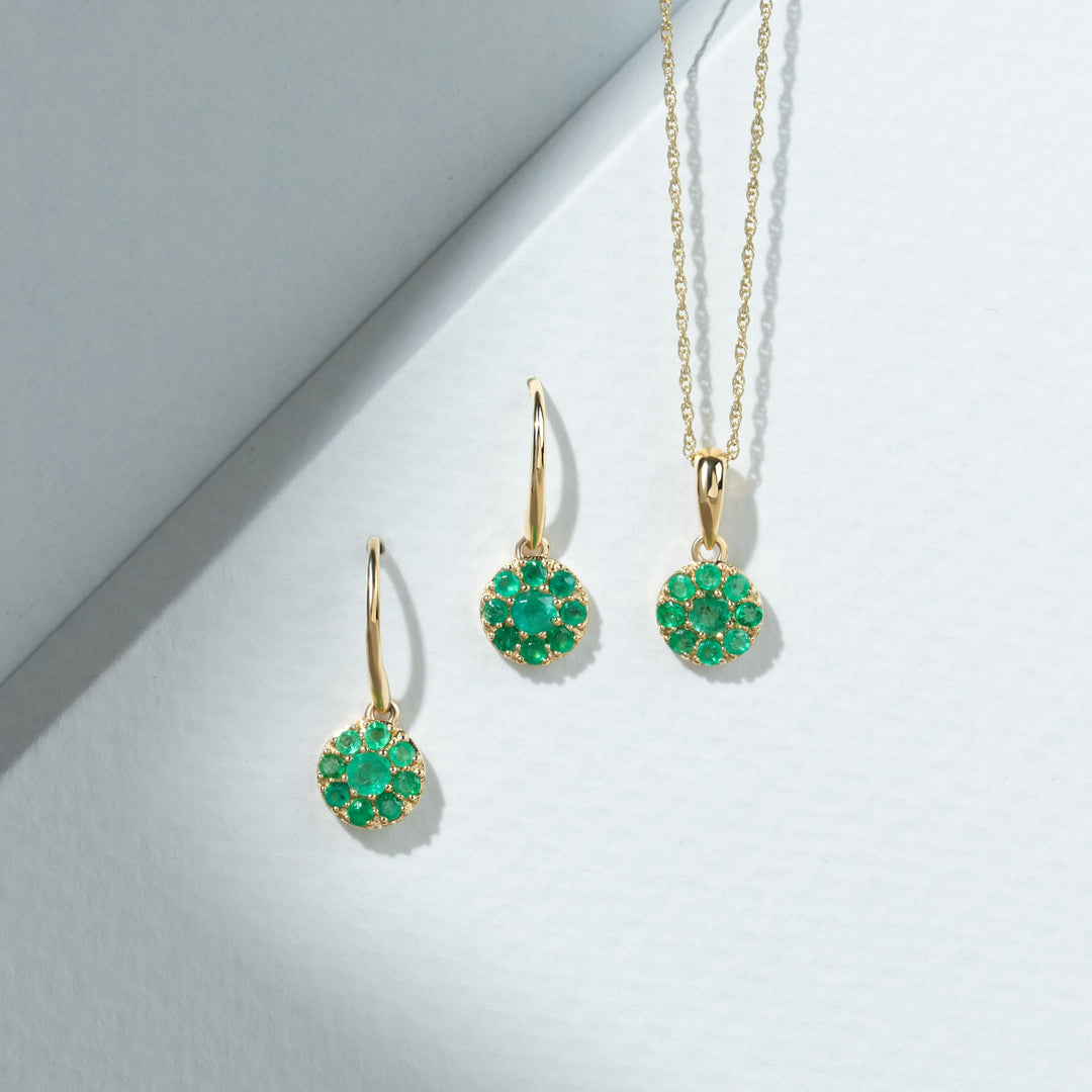 Classic Emerald Cluster Hook Drop Earrings in 9ct Yellow Gold