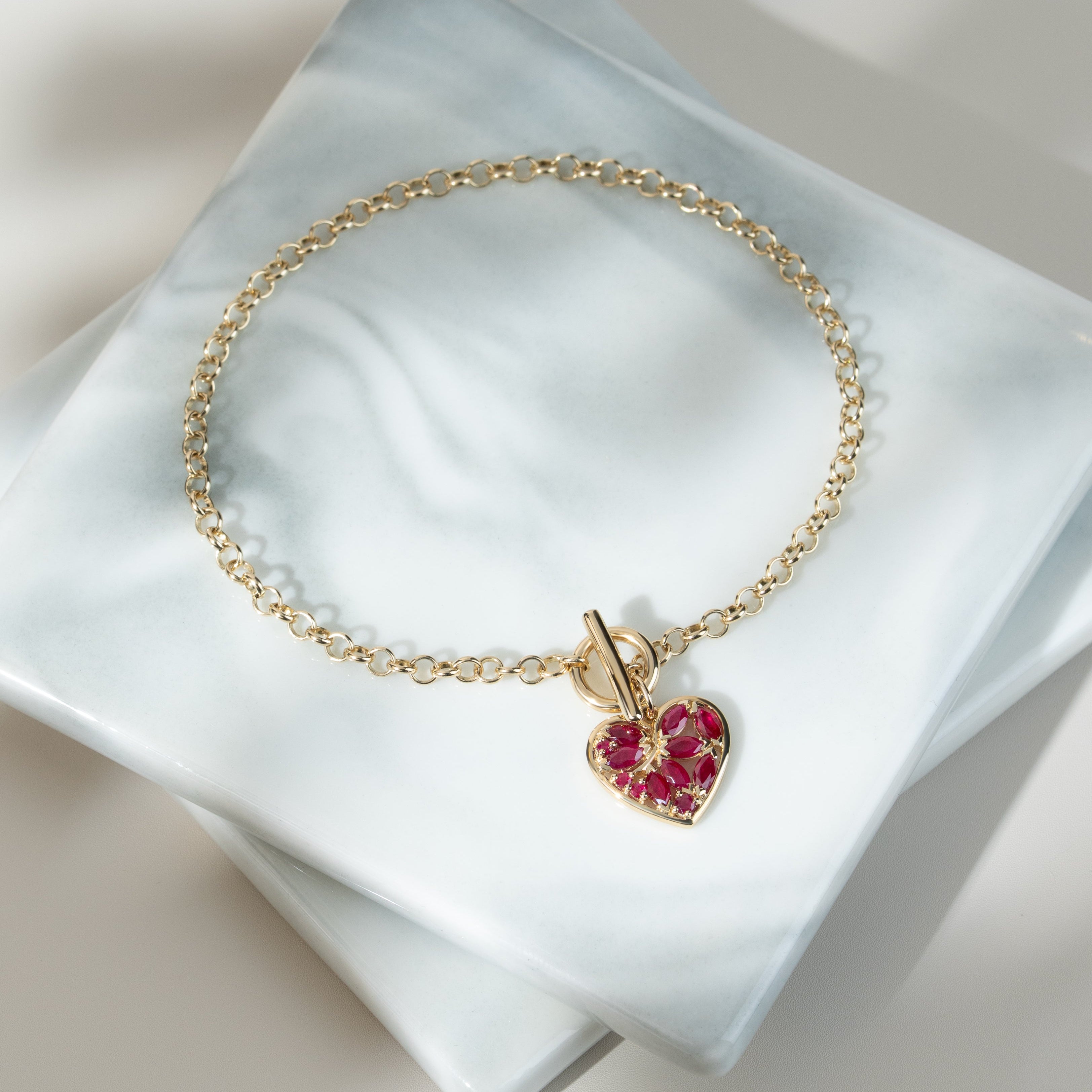 Classic Marquise Ruby Heart Charm T-Bar Bracelet in 9ct Gold
