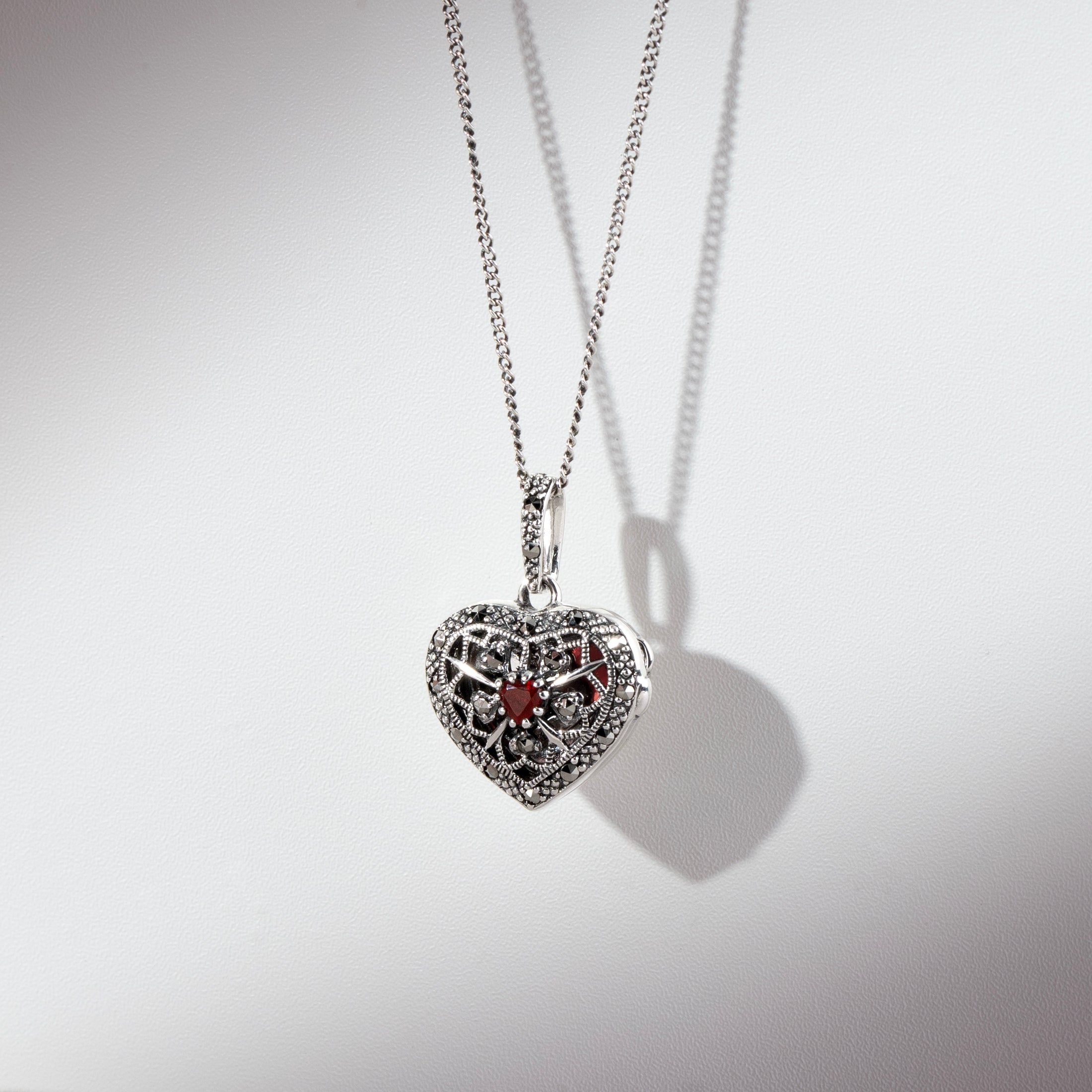 Art Nouveau Style Heart Carnelian & Marcasite Locket on Chain in 925 Sterling Silver
