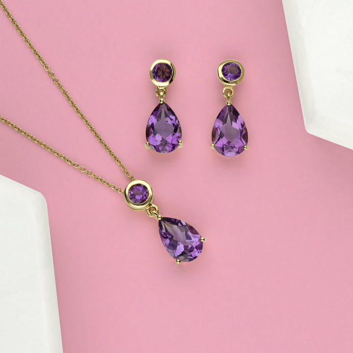 Classic Pear Amethyst Drop Earrings in 9ct Yellow Gold