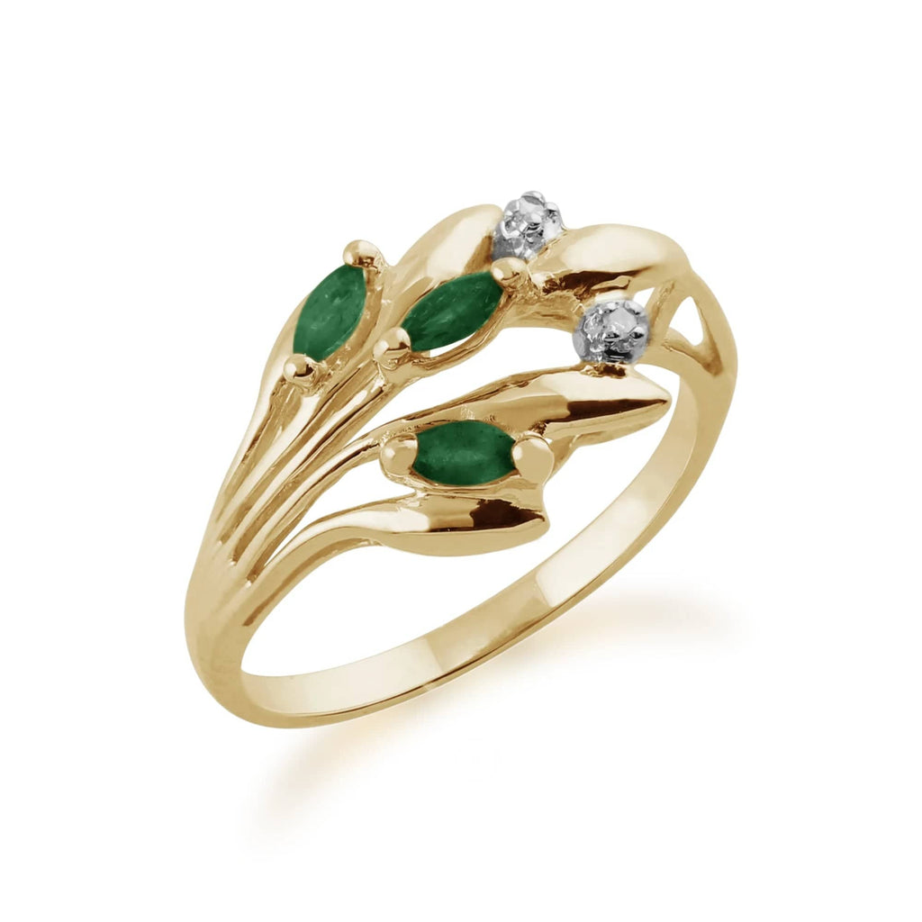 Floral Marquise Emerald & Diamond Ring 9ct Yellow Gold