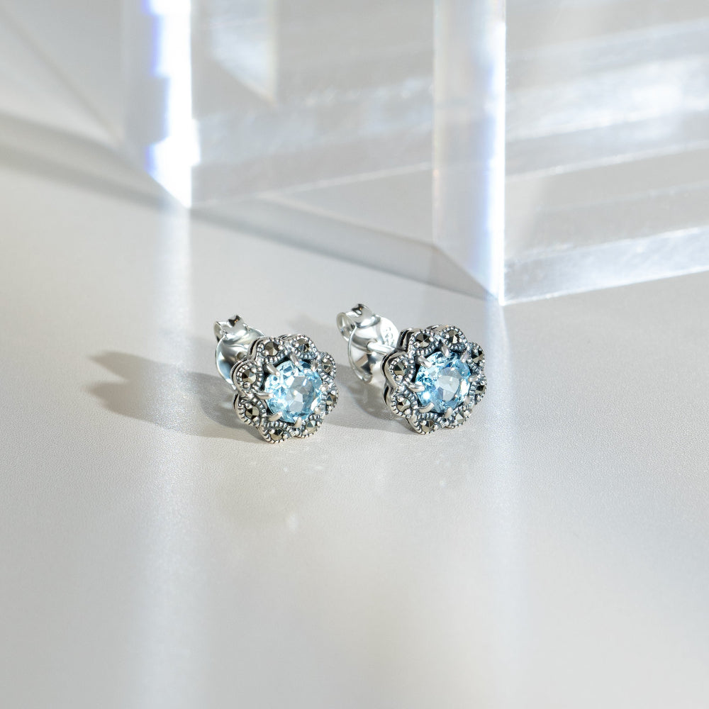 Floral Round Blue Topaz & Marcasite Cluster Stud Earrings in 925 Sterling Silver flatlay
