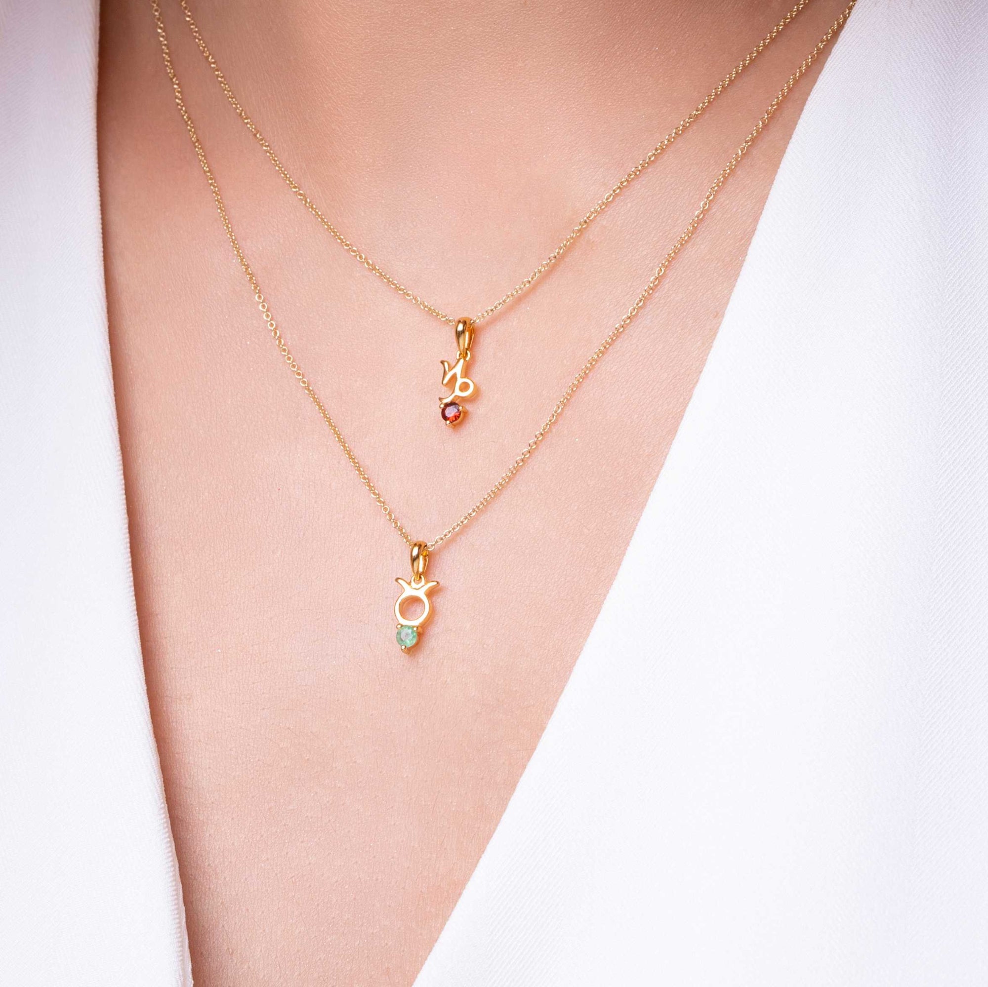 Garnet Capricorn Zodiac Charm Necklace in 9ct Yellow Gold on Model