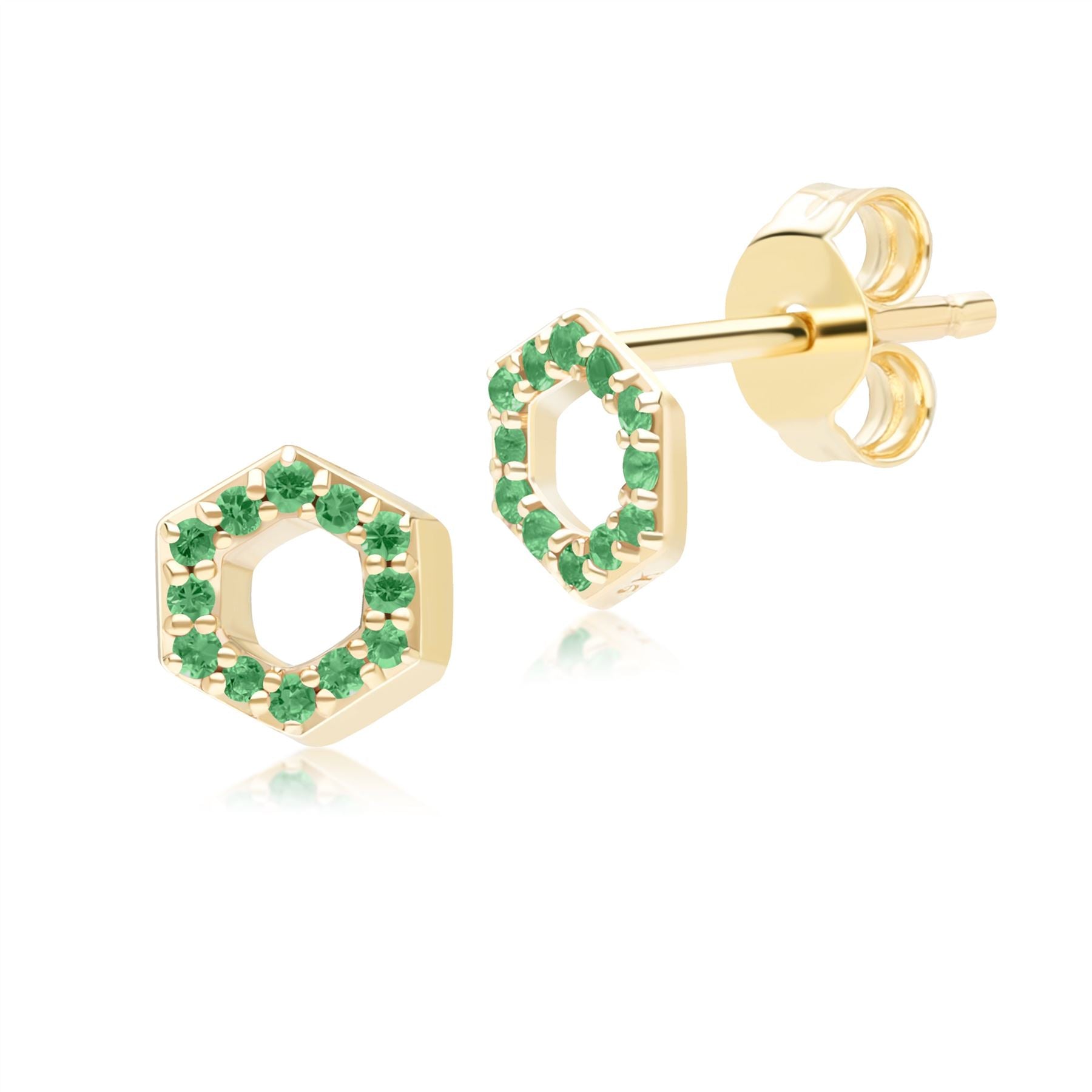 Geometric Hex Emerald Stud Earrings in 9ct Yellow Gold Front
