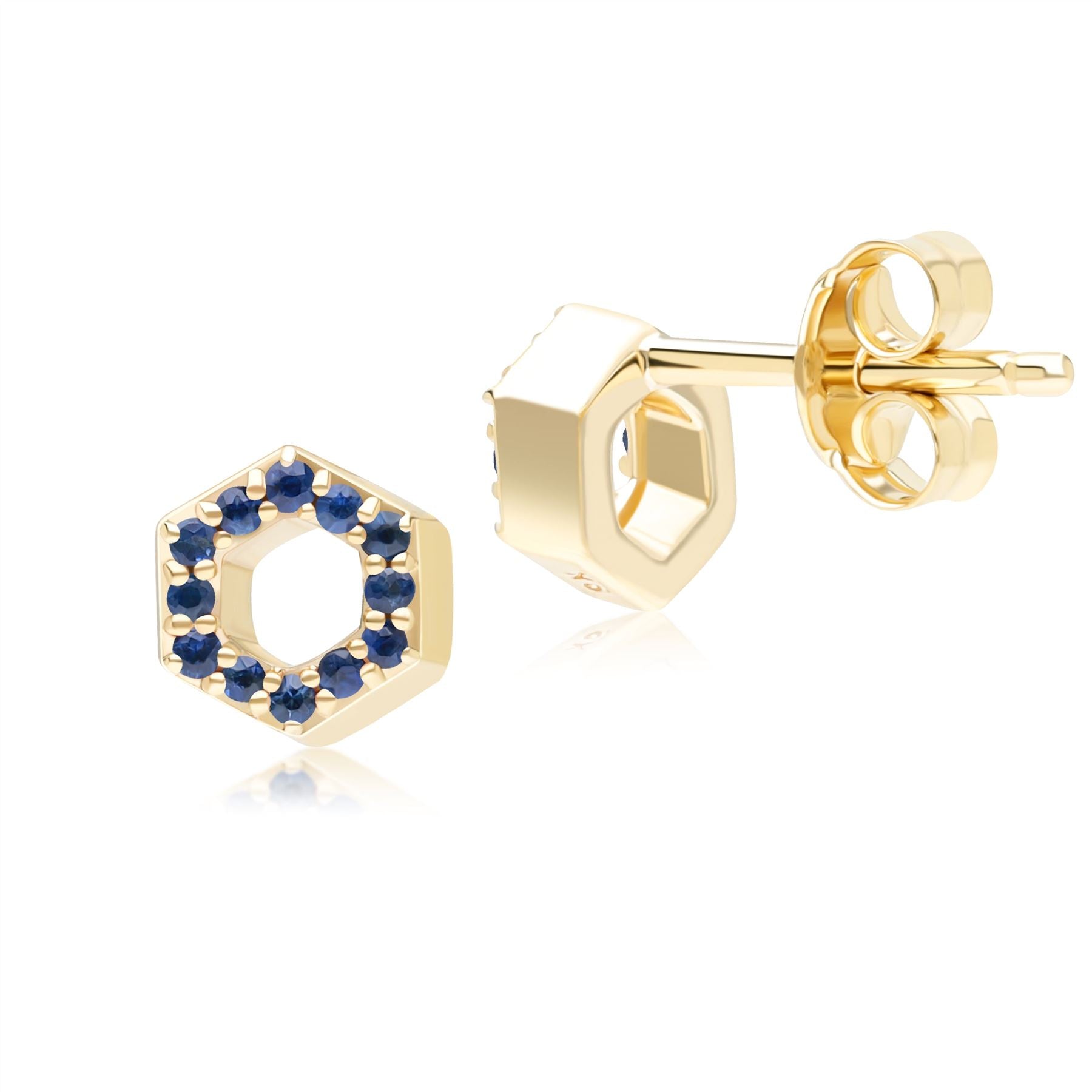 Geometric Hex Sapphire Stud Earrings in 9ct Yellow Gold Back