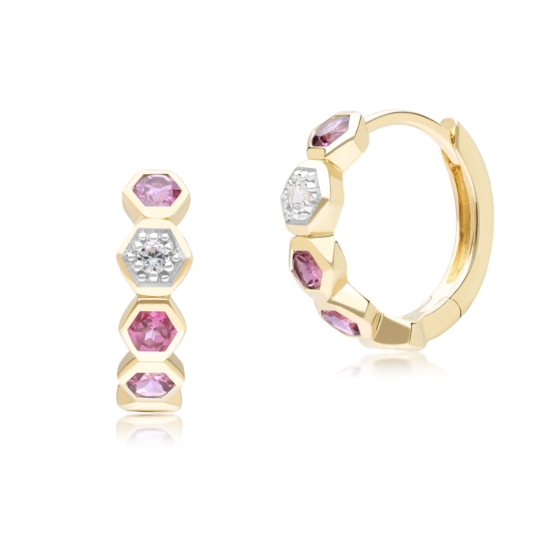 Geometric Round Rhodolite and Sapphire Hoop Earrings in 9ct Yellow Gold Front