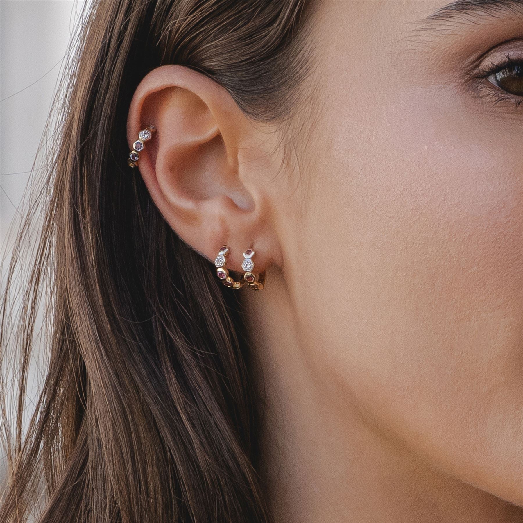 Geometric Round Rhodolite and Sapphire Hoop Earrings in 9ct Yellow Gold On Model