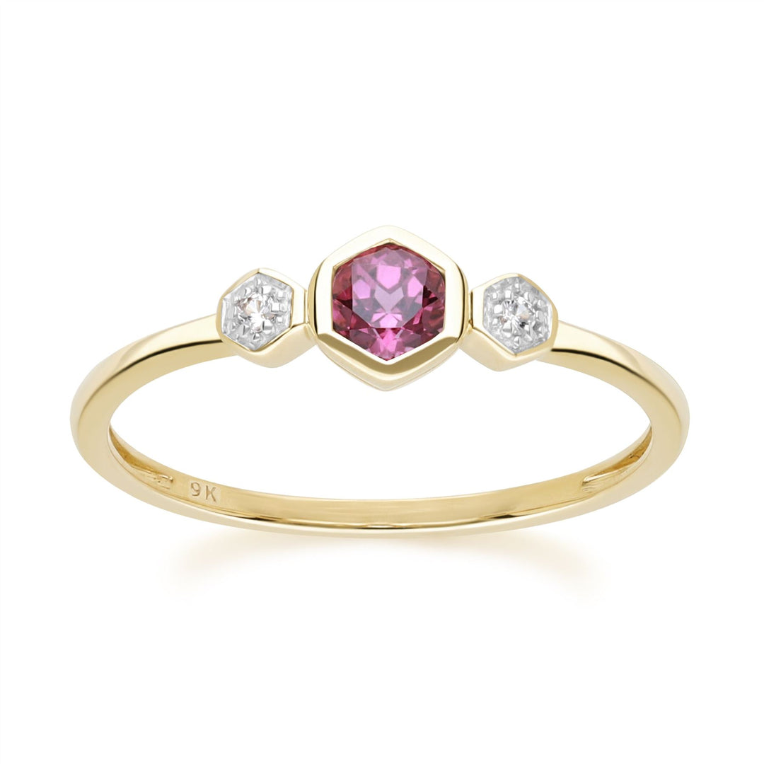 Geometric Round Rhodolite and Sapphire Ring in 9ct Yellow Gold Front