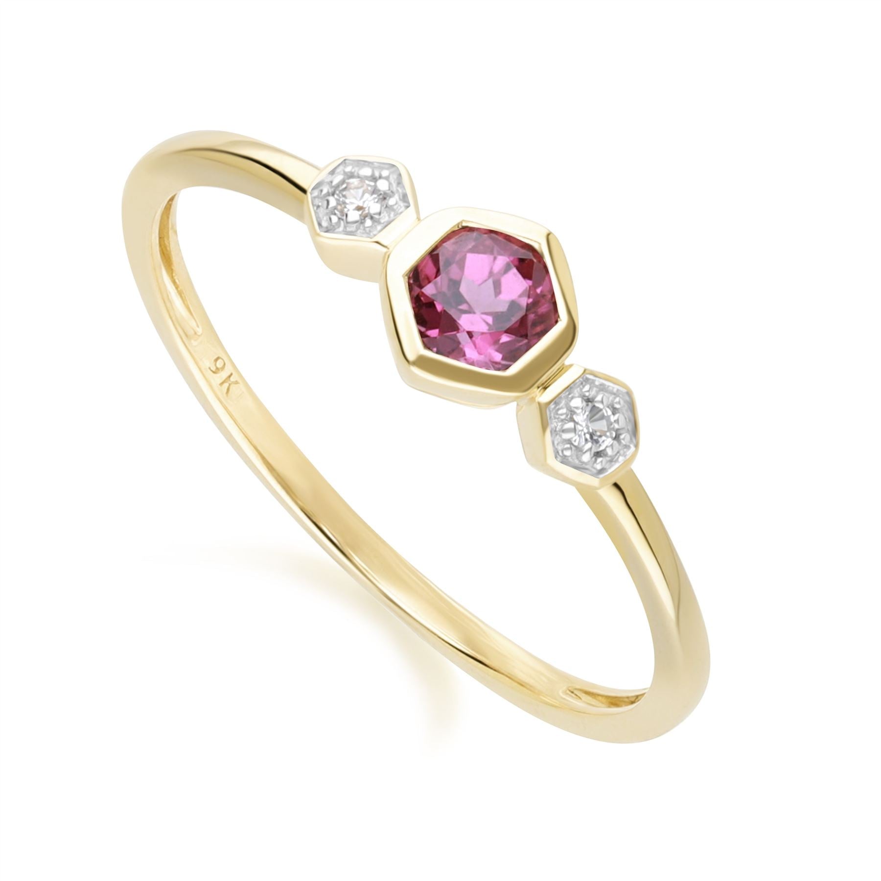 Geometric Round Rhodolite and Sapphire Ring in 9ct Yellow Gold Side