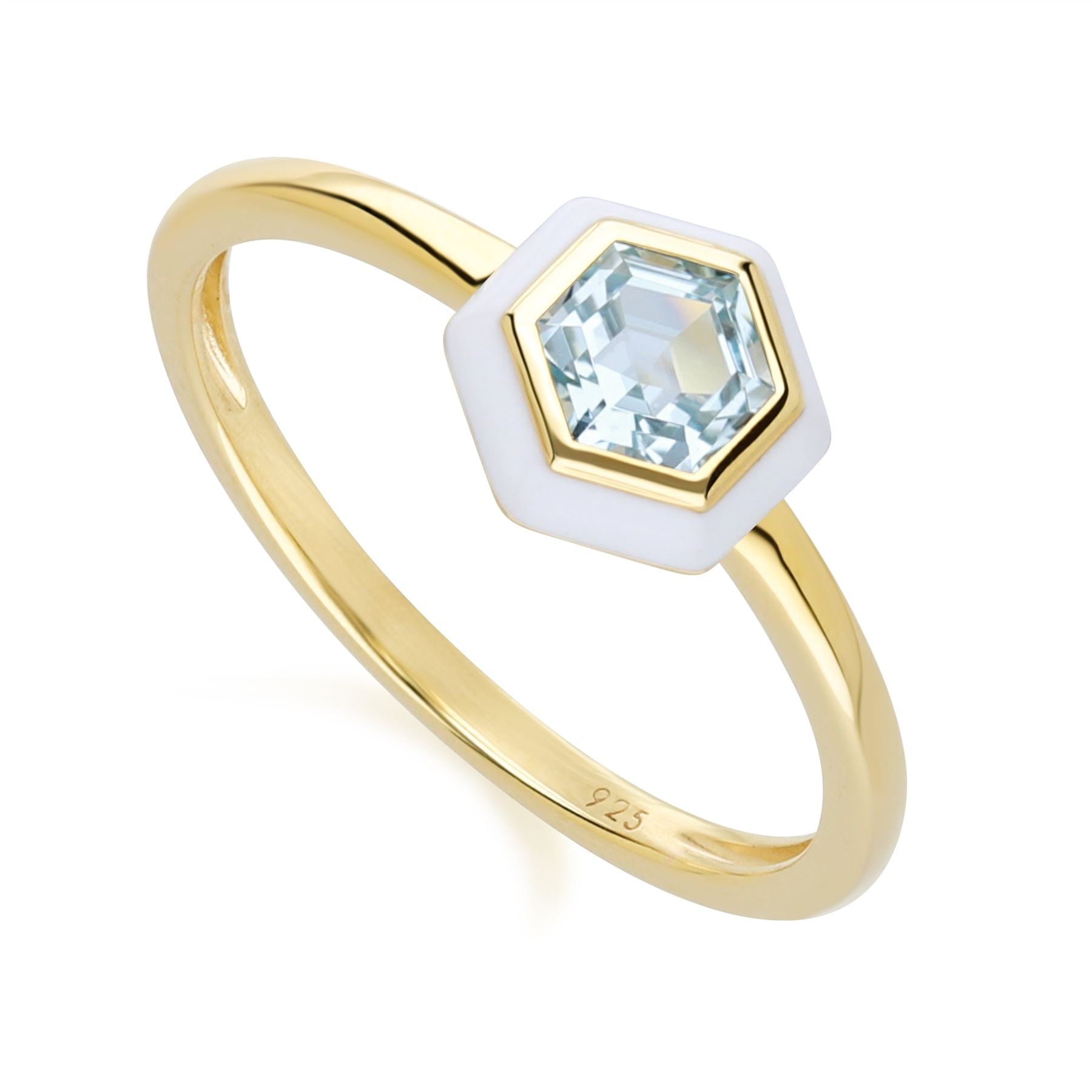 Geometric Hex Blue Topaz and White Enamel Ring in Gold Plated Sterling Silver Side