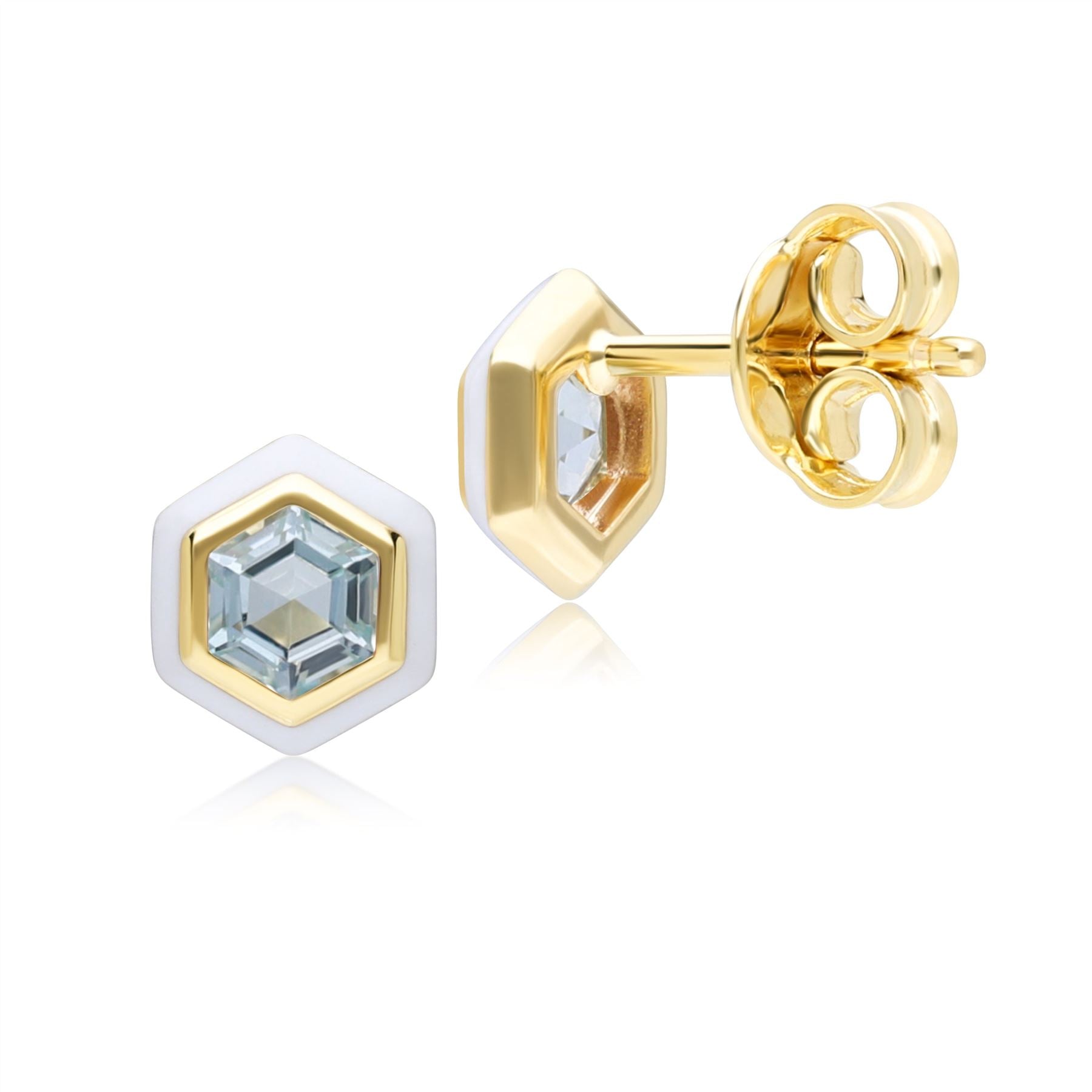 Geometric Hex Blue Topaz and White Enamel Stud Earrings in Gold Plated Sterling Silver Back