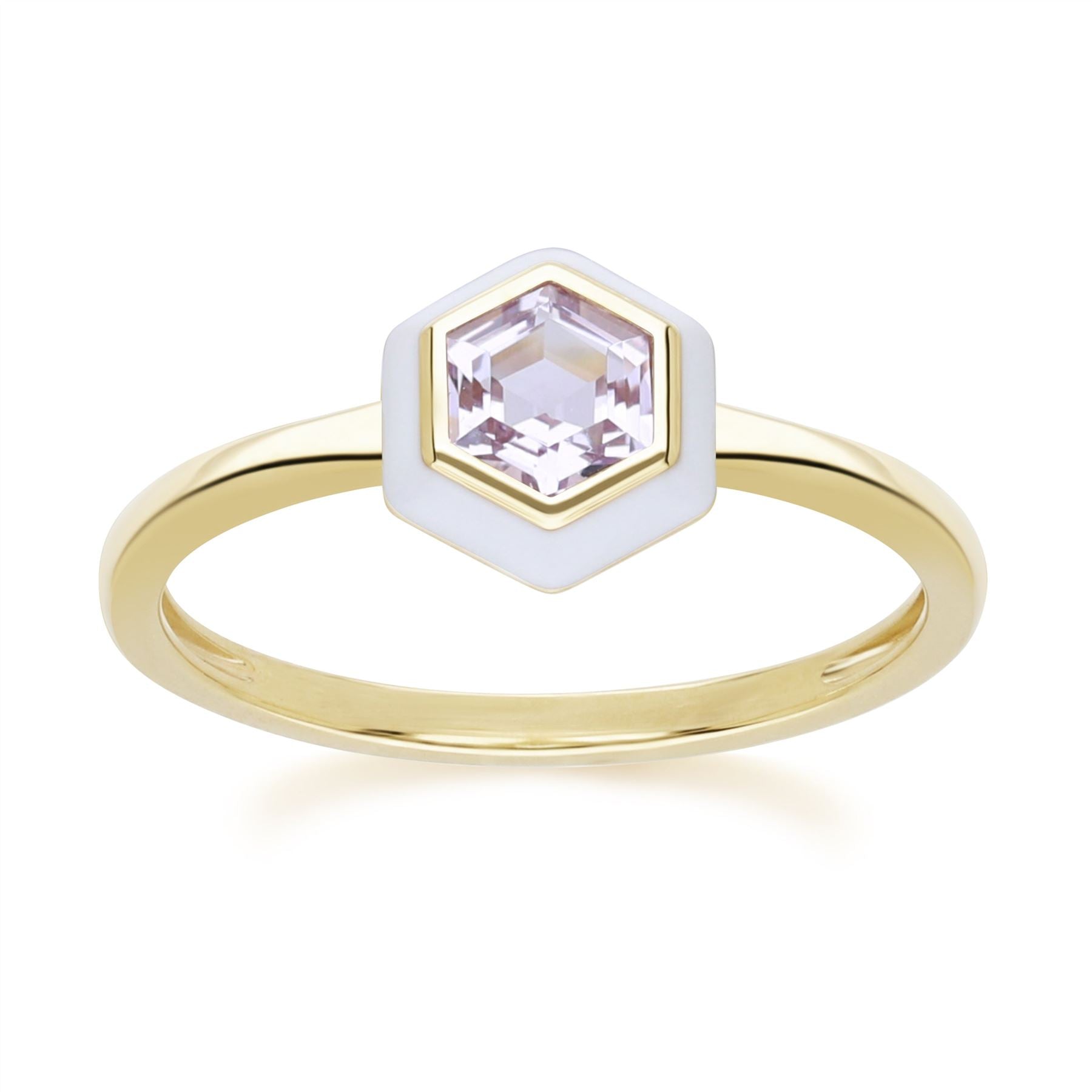 Geometric Hex Pink Amethyst and White Enamel Ring in Gold Plated Sterling Silver Front