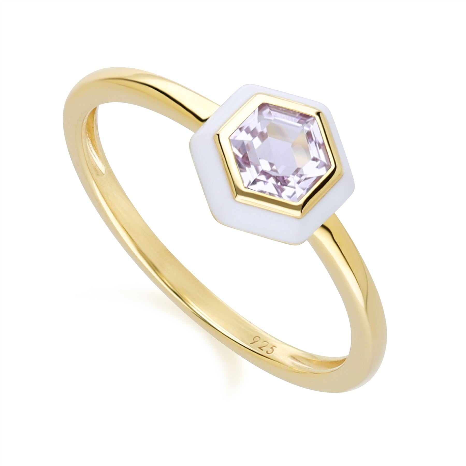 Geometric Hex Pink Amethyst and White Enamel Ring in Gold Plated Sterling Silver Side