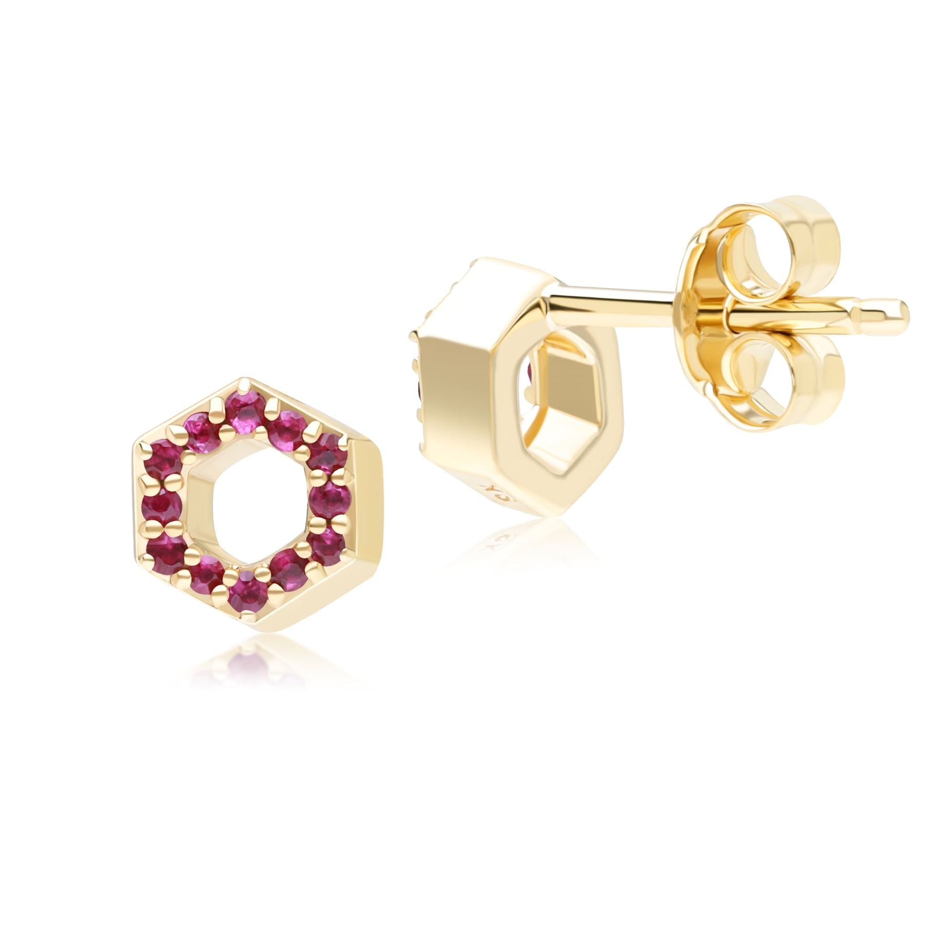 Geometric Hex Ruby Stud Earrings in 9ct Yellow Gold Back