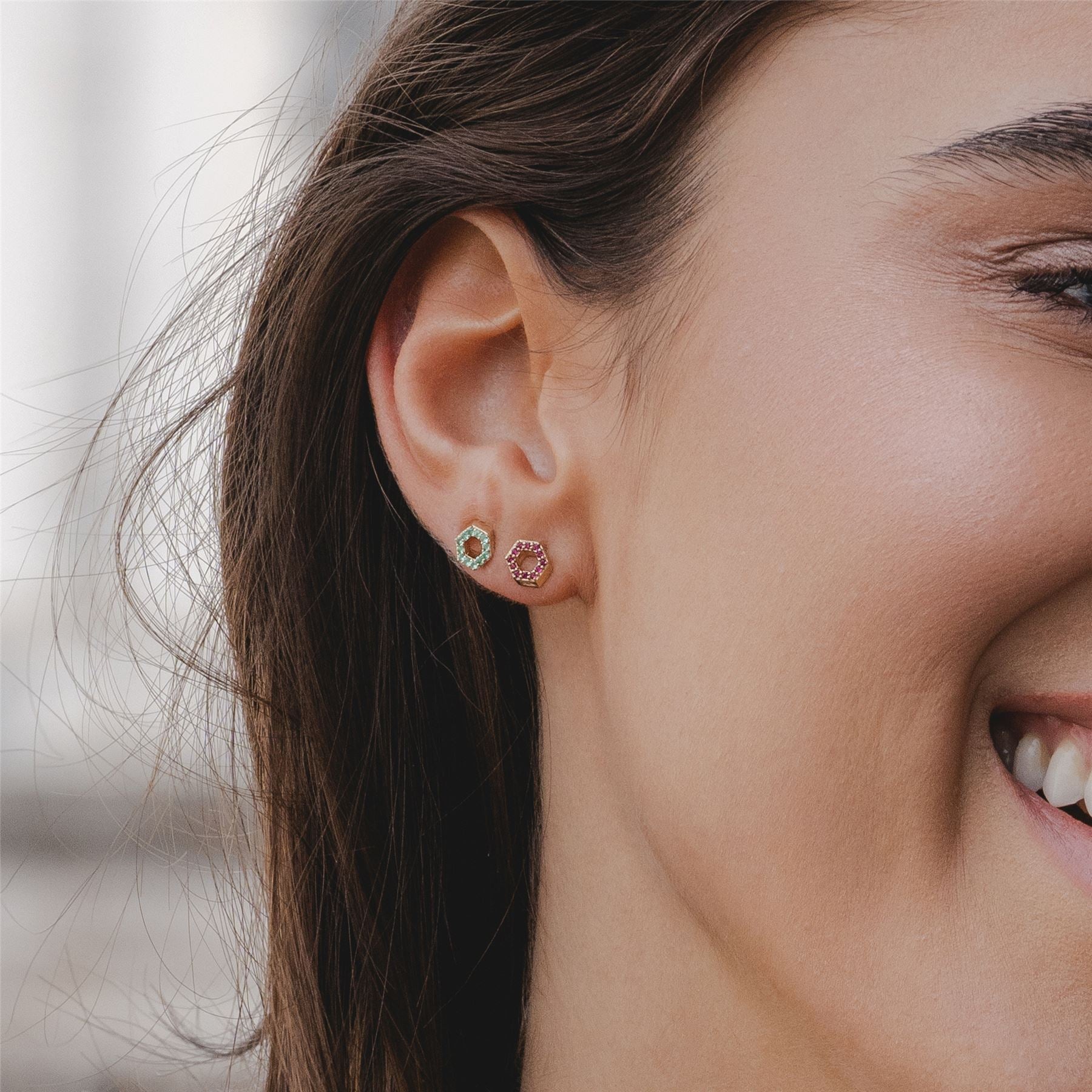 Geometric Hex Ruby Stud Earrings in 9ct Yellow Gold On Model