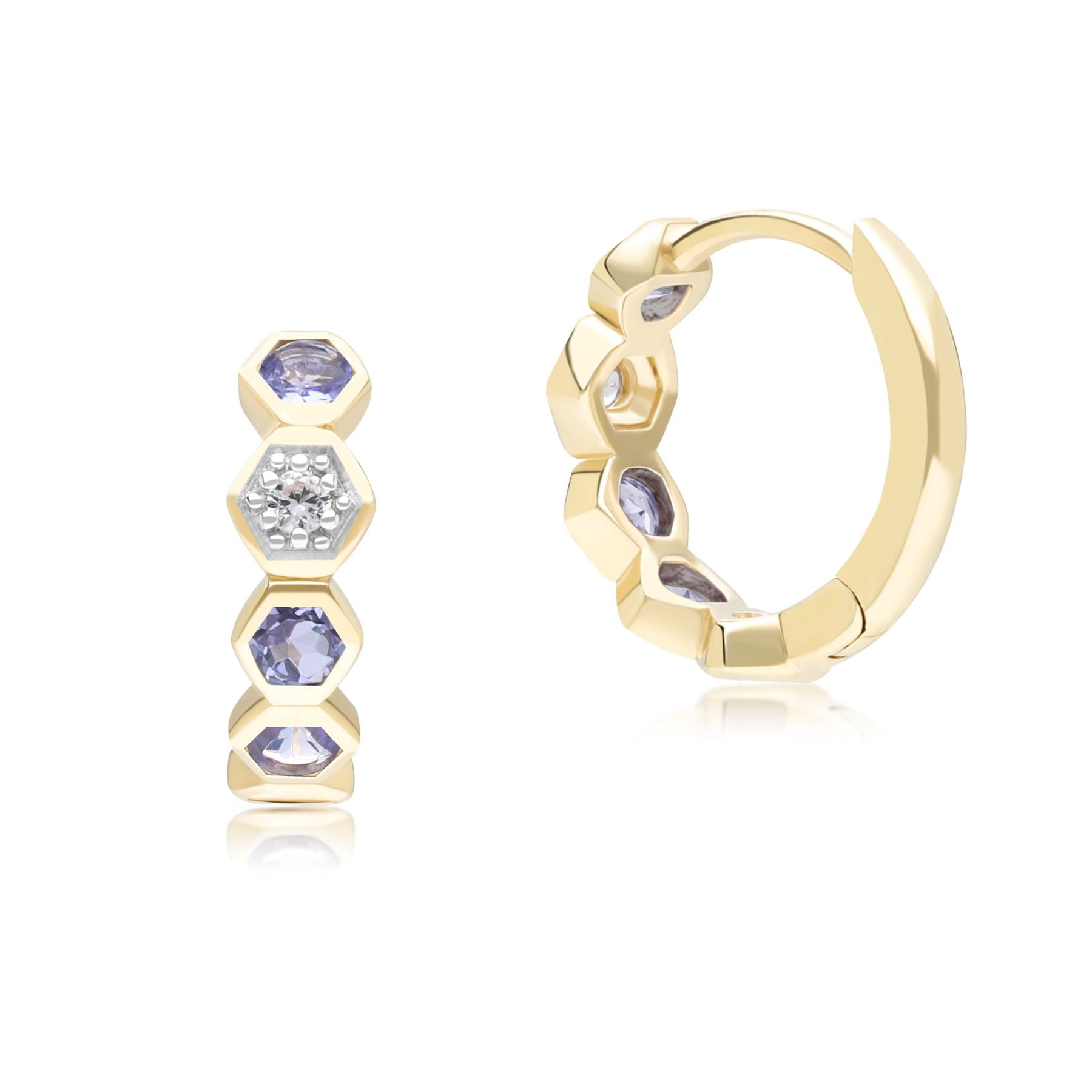 Geometric Round Tanzanite and Sapphire Hoop Earrings in 9ct Yellow Gold Back