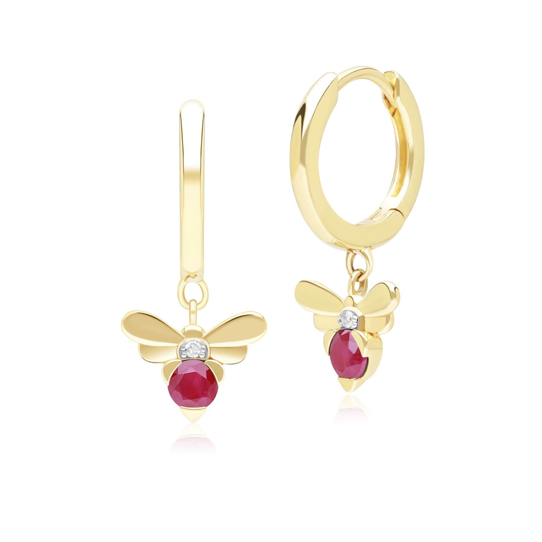 Honeycomb Inspired Ruby and Diamond Bee Hoop Earrings in 9ct Yellow GoldFront  135E1874019