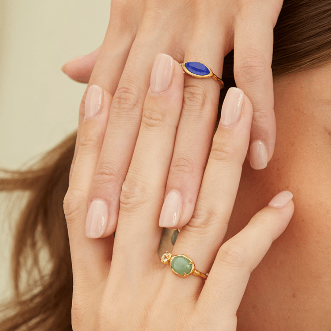 253R710101925 Irregular Marquise Lapis Lazuli Ring In 18ct Gold Plated SterlIng Silver On Model
