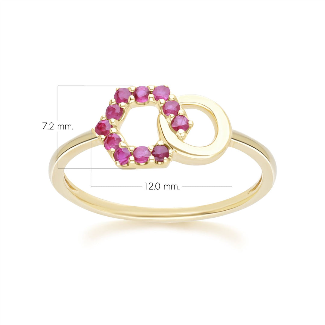 Geometric Hexagon and Round Linked with Prong Set Ruby Ring in 9ct Yellow Gold