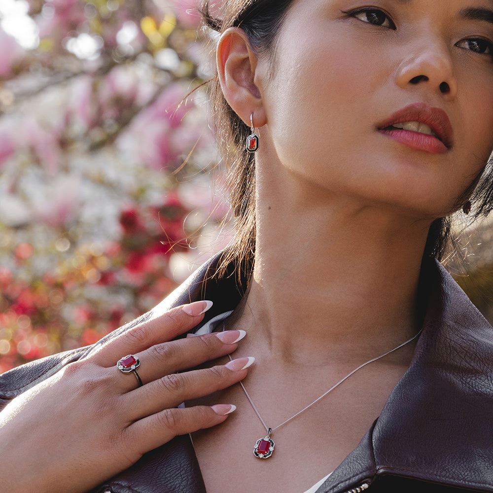 Grand Deco Black Enamel, Carnelian & Topaz Pendant Necklace in Sterling Silver