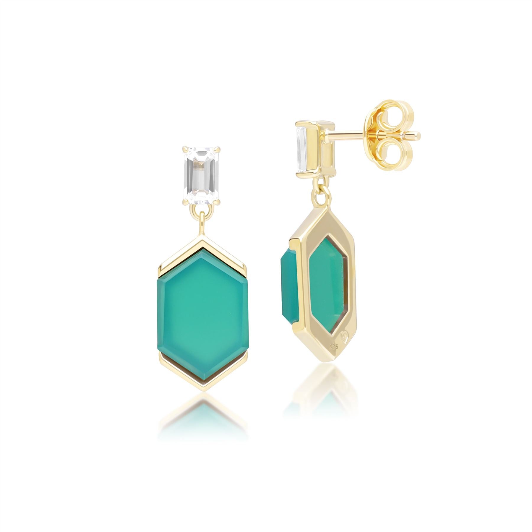 Grand Deco Hexagon Chalcedony & Topaz Drop Earrings in Gold Vermeil