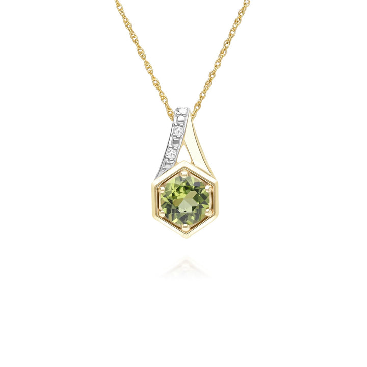 Geometric Hexagon with Prong set Round Peridot and Diamond Pendant Necklace in 9ct Yellow Gold