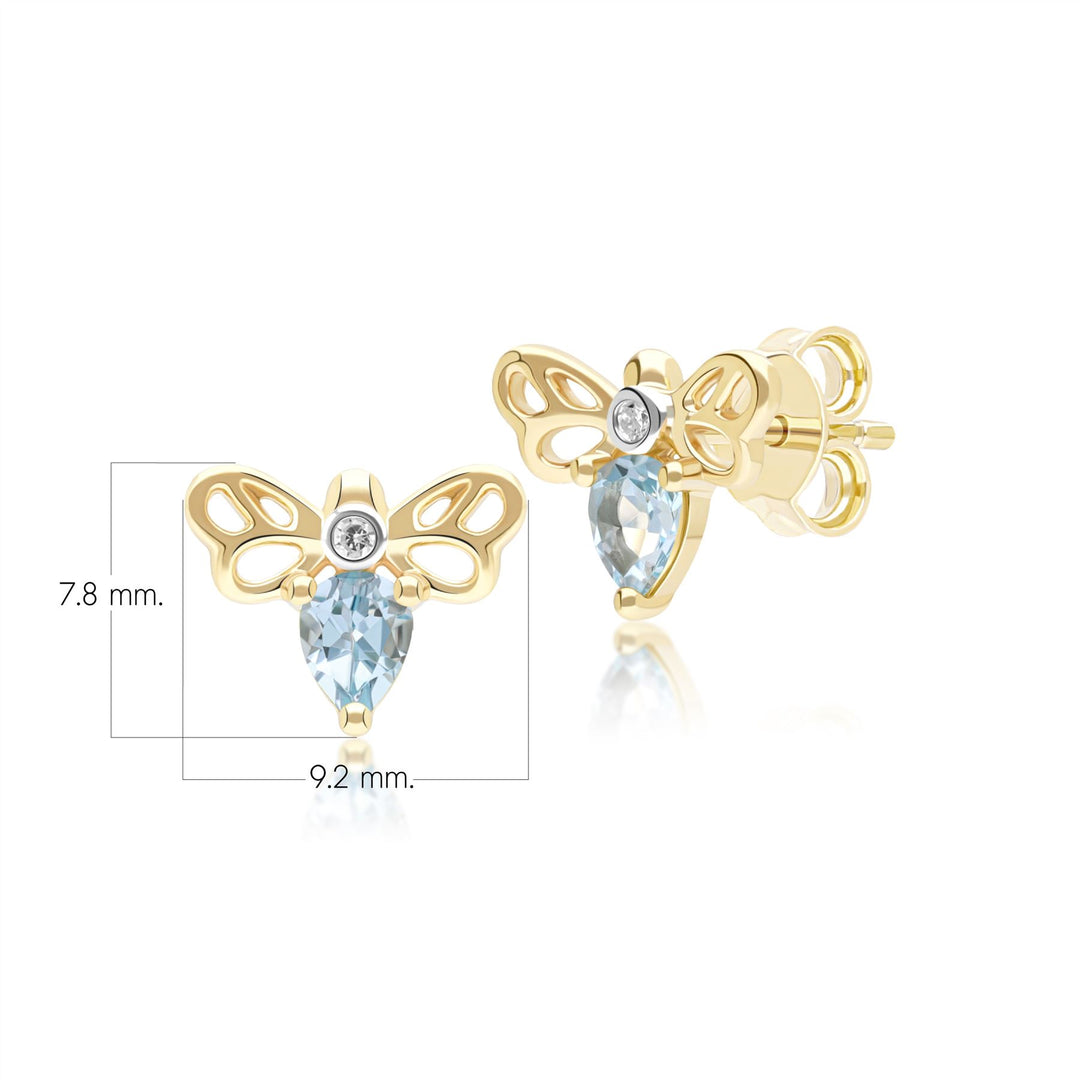Honeycomb Art Nouveau Pear Shape Topaz and Diamond Bee Stud Earrings in 9ct Yellow Gold