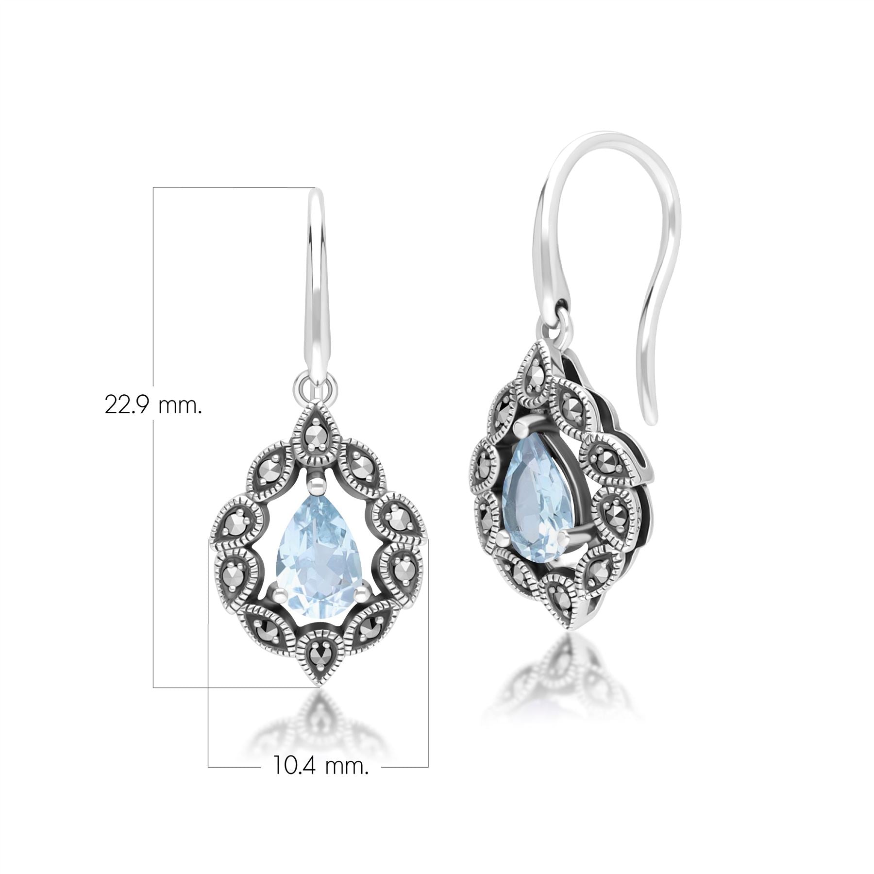 Art Deco Style Pear Blue Topaz & Marcasite Drop Earrings in Sterling Silver
