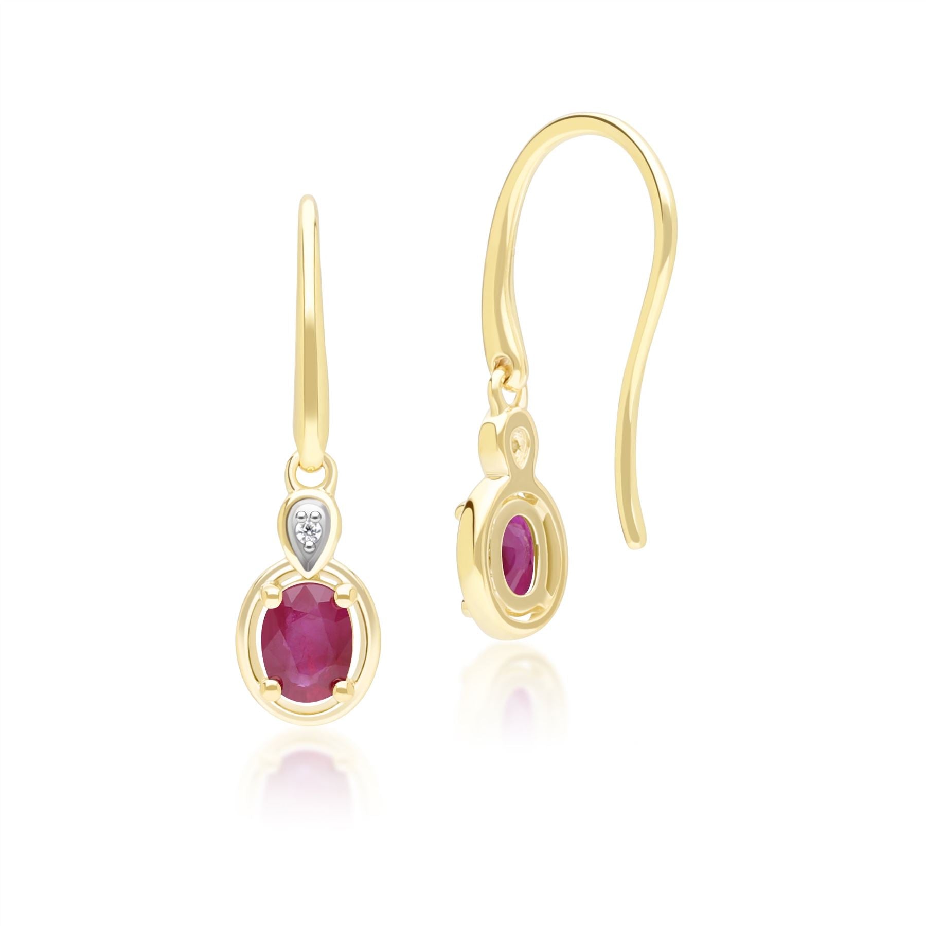 Classic Oval Ruby & Round Diamond Drop Earrings In 9ct Yellow Gold