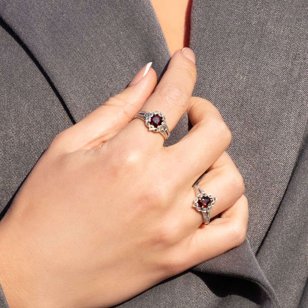 Art Deco Style Cushion Garnet & Marcasite Ring in Sterling Silver